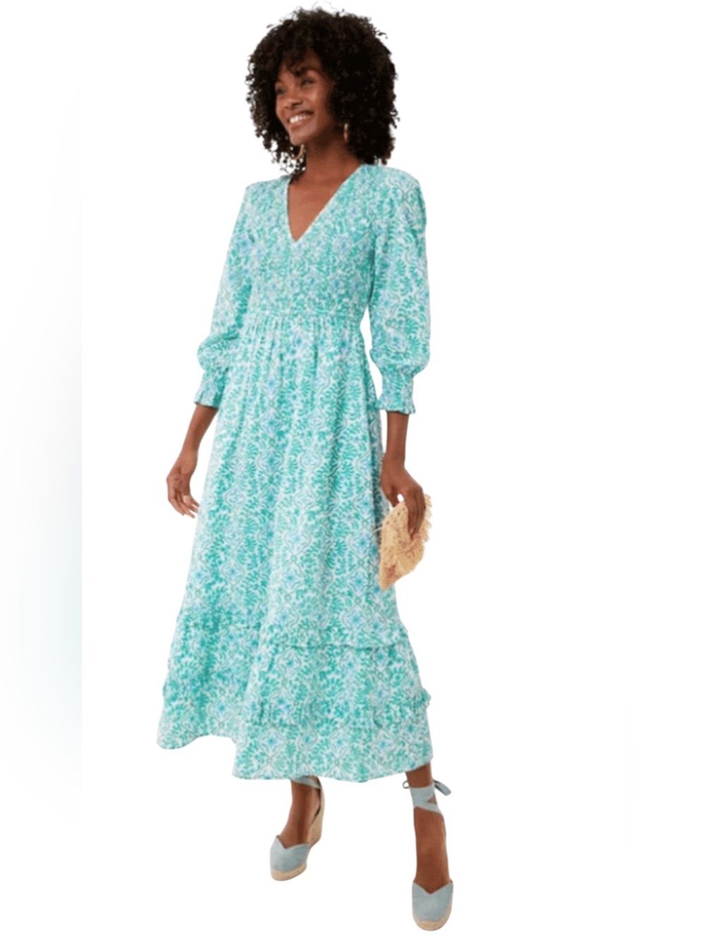 Pink City Prints x Tuckernuck Isabel V-Neck dress. Mint trellis. M. EUC